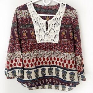 Grifflin Paris Boho Crochet Top Medium Patchwork Paisley Floral Peasant Festival